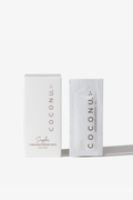 Coconu water-based singles carton with a single-use sachet standing alongside