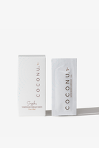 Coconu water-based singles carton with a single-use sachet standing alongside