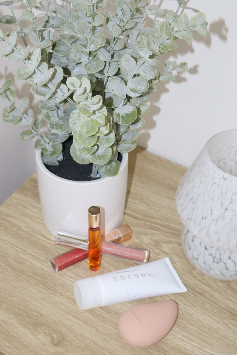 Coconu Wave massager and tube on a table with lip products and a potted plant