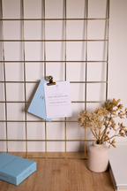 Coconu Connect card clipped to a gold wire wall grid above the deck and a dried plant